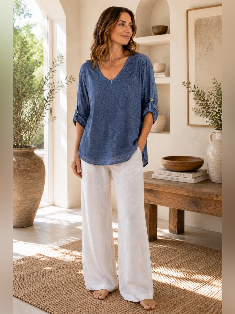 Made in Italy 100% Linen Blue Roll Tab Top Relaxed Coastal Minimalist S